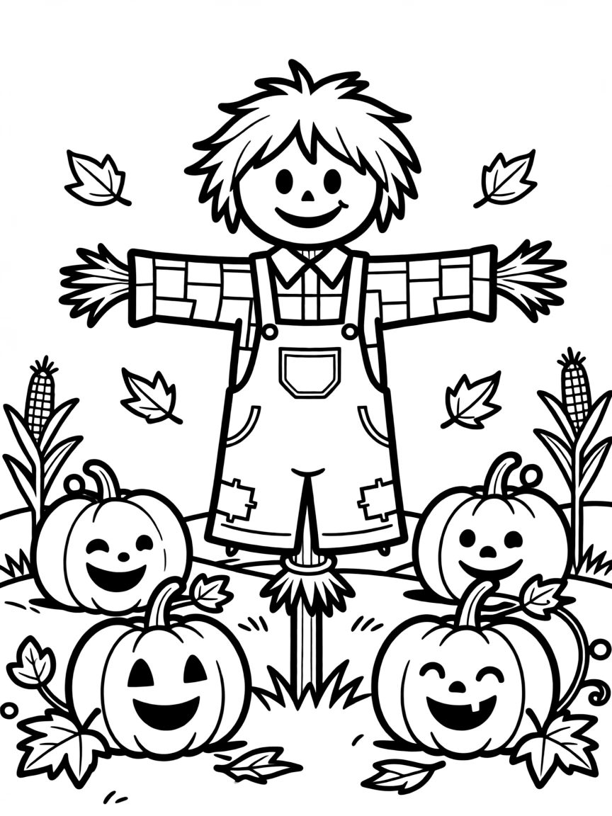 Smiling scarecrow with pumpkin friends and autumn