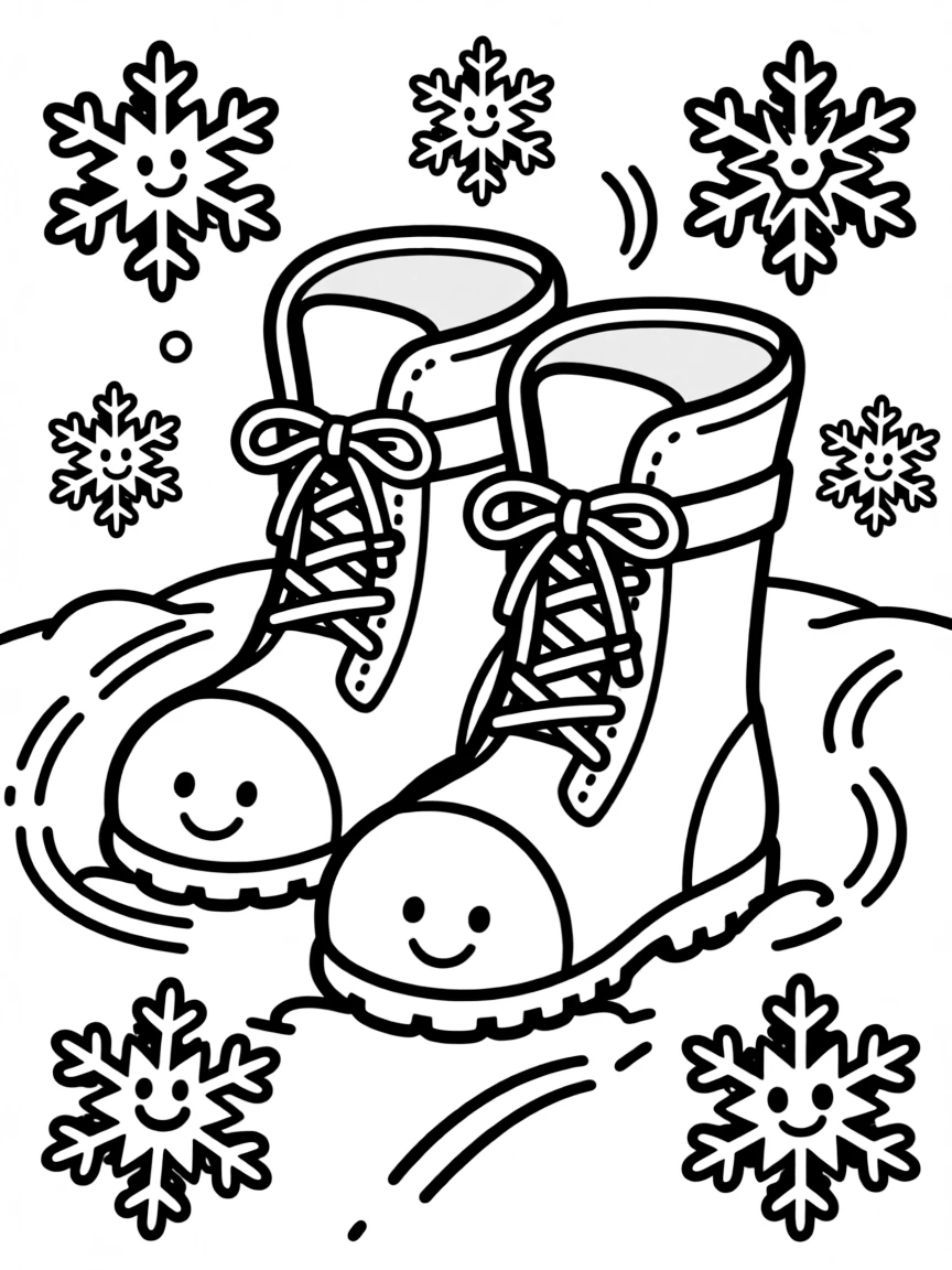 Happy snow boots with snowflake friends and tracks