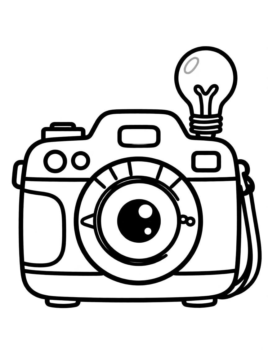Kawaii camera with lens eye and flash bulb