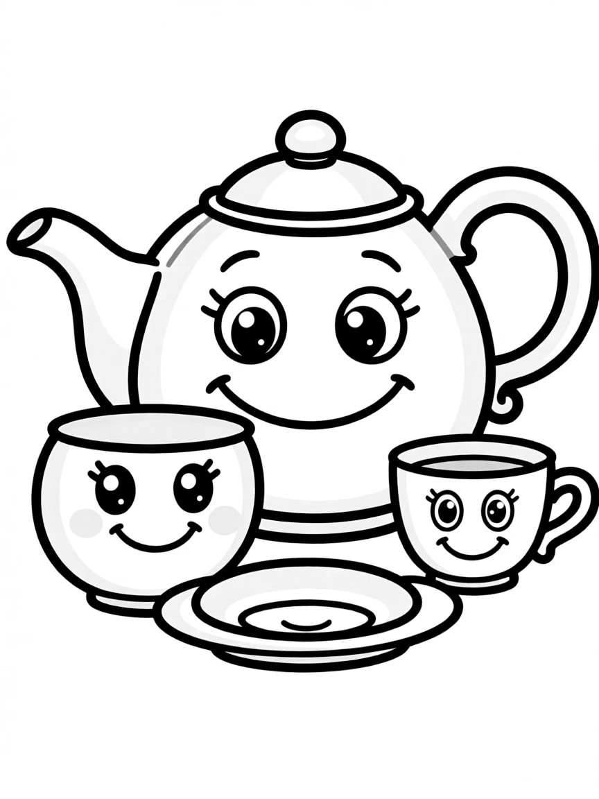 Smiling tea set with cup, saucer, and teapot friends