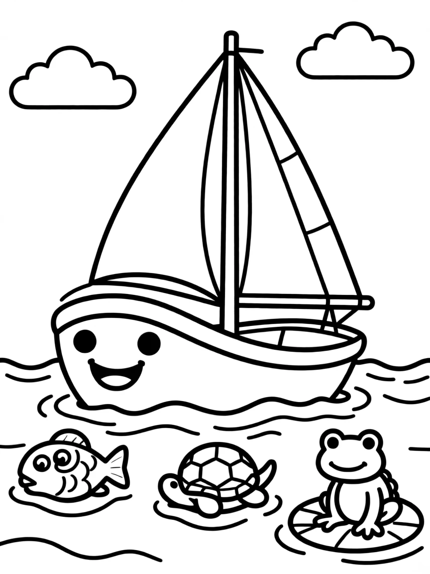 Happy toy boat with sail and water friends