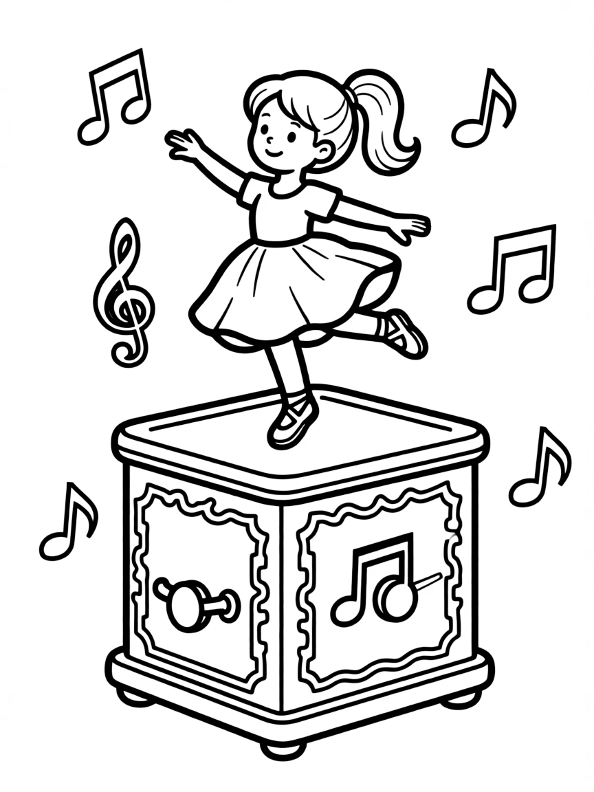 Happy music box with dancing figure and melody notes