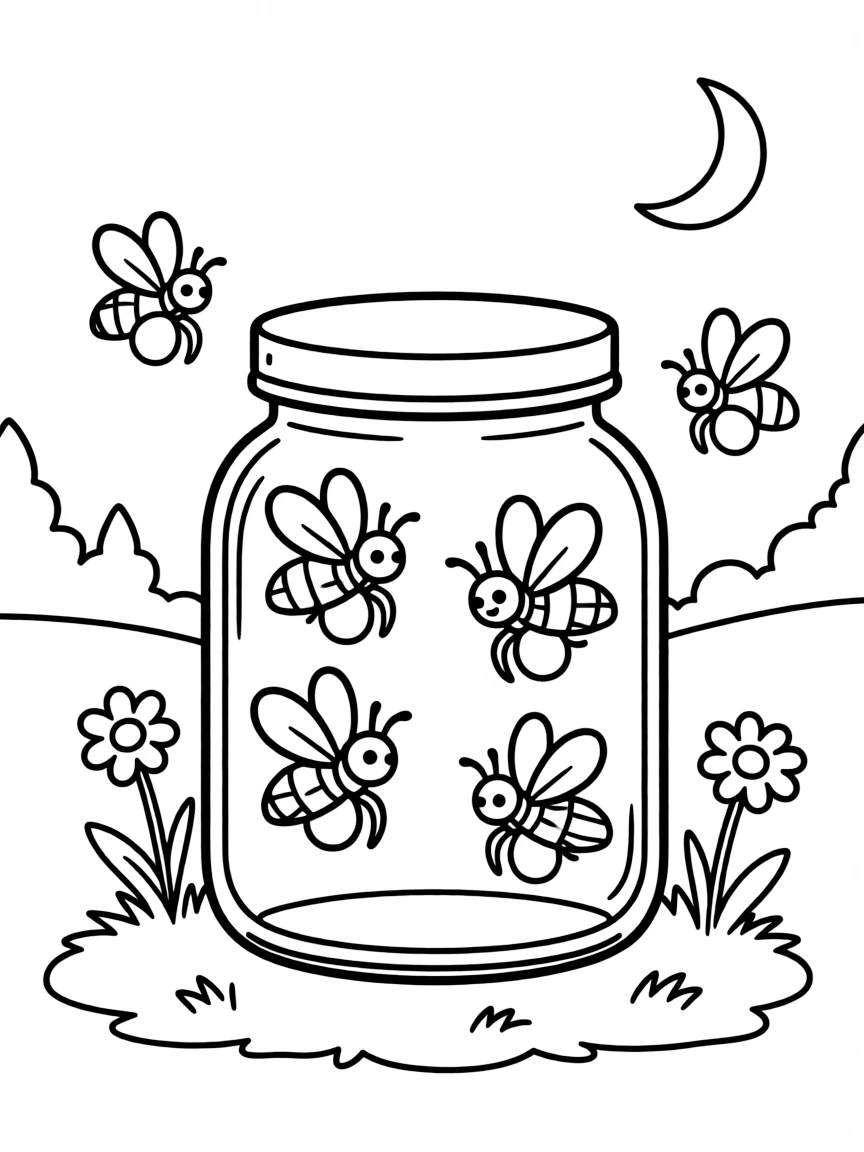 Cute glass jar with firefly friends and summer night