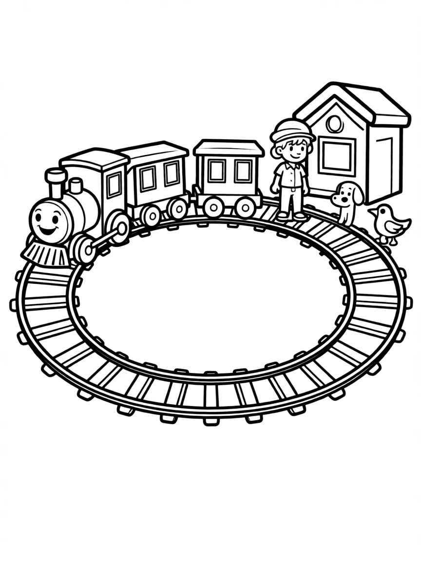 Smiling toy train set with track and station friends
