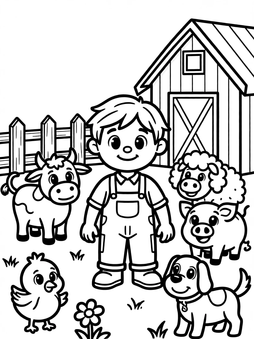 Cute toy farm with animal friends and farmer
