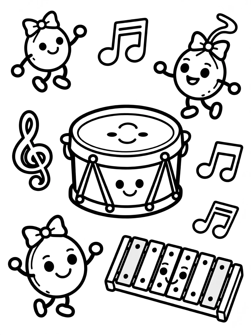 Adorable toy instruments with music note friends