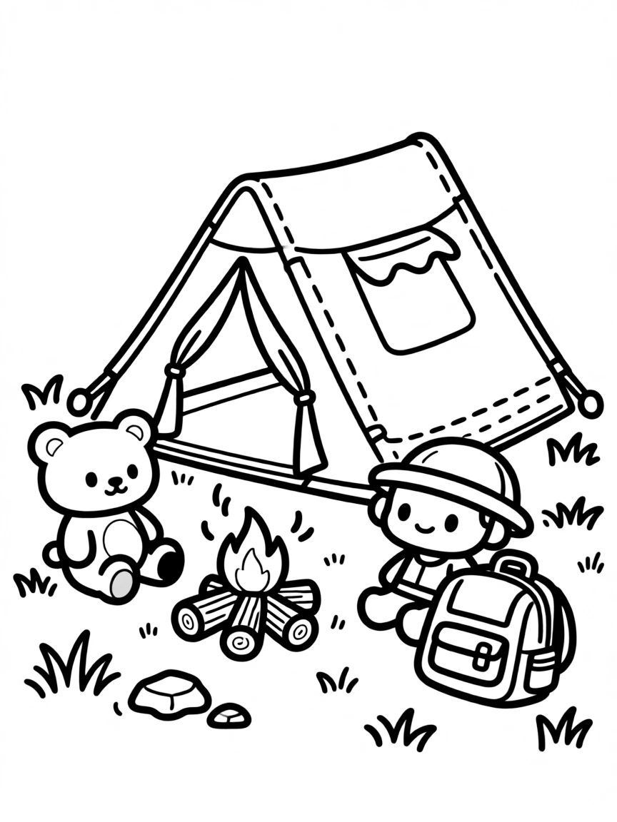 Kawaii toy camping set with tent and campfire