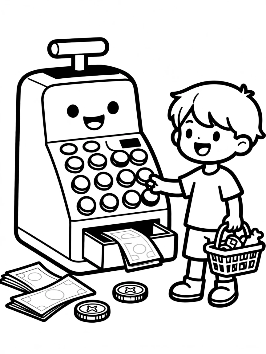 Kawaii toy cash register with money and shopping