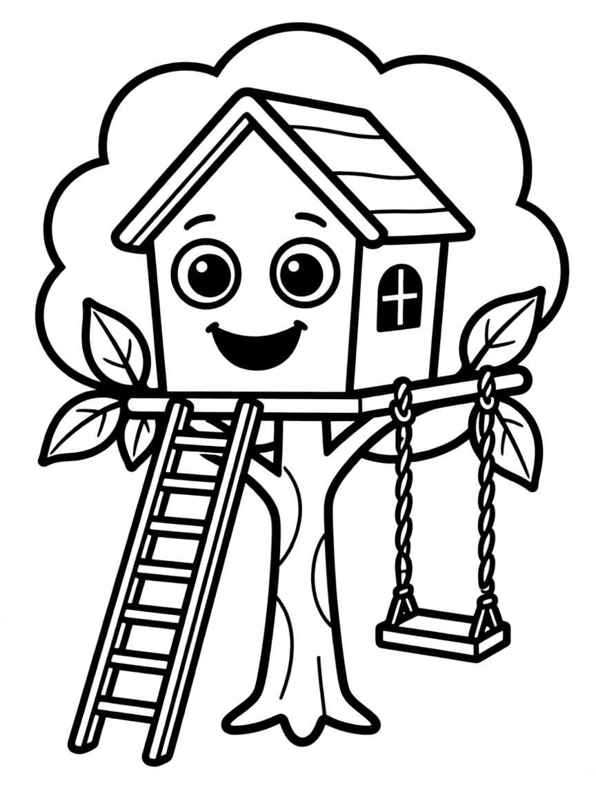 Smiling toy treehouse with ladder and swing