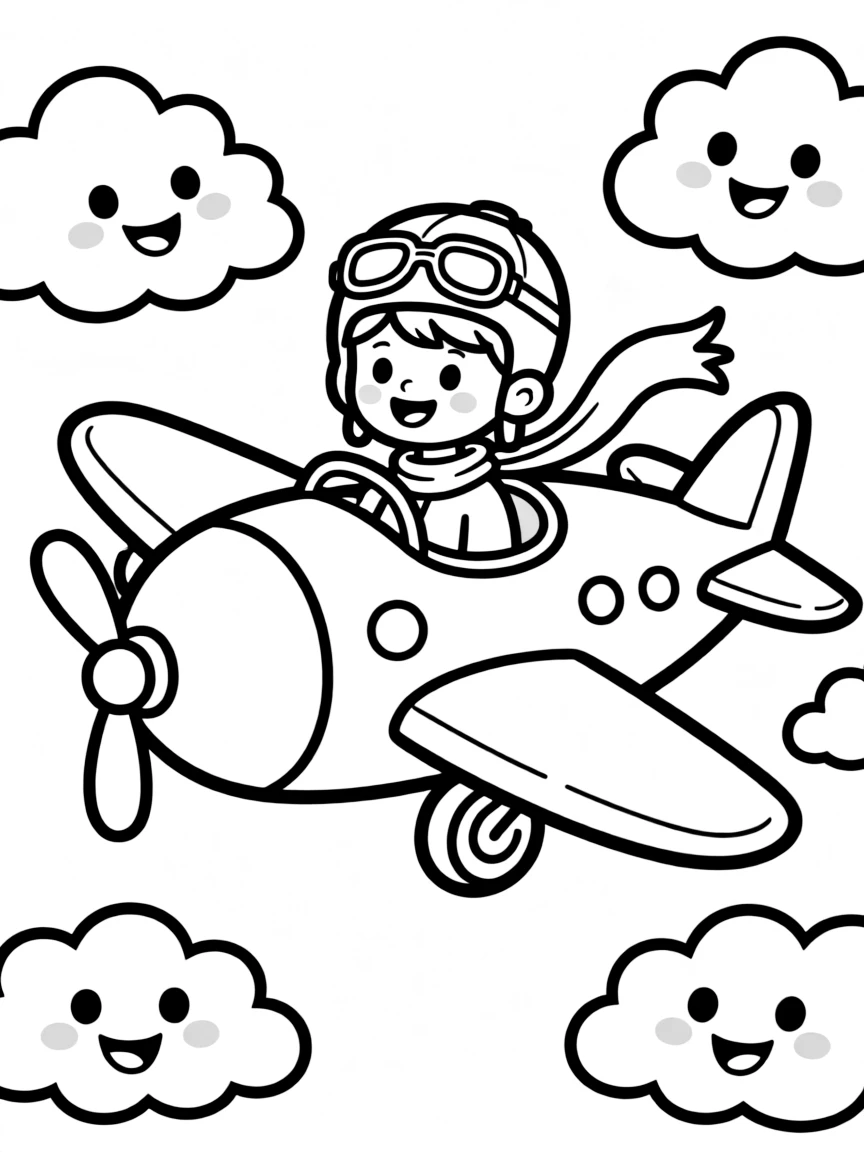 Smiling toy airplane with pilot and cloud friends