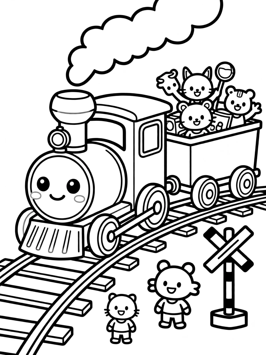 Kawaii toy train with cargo car and track friends