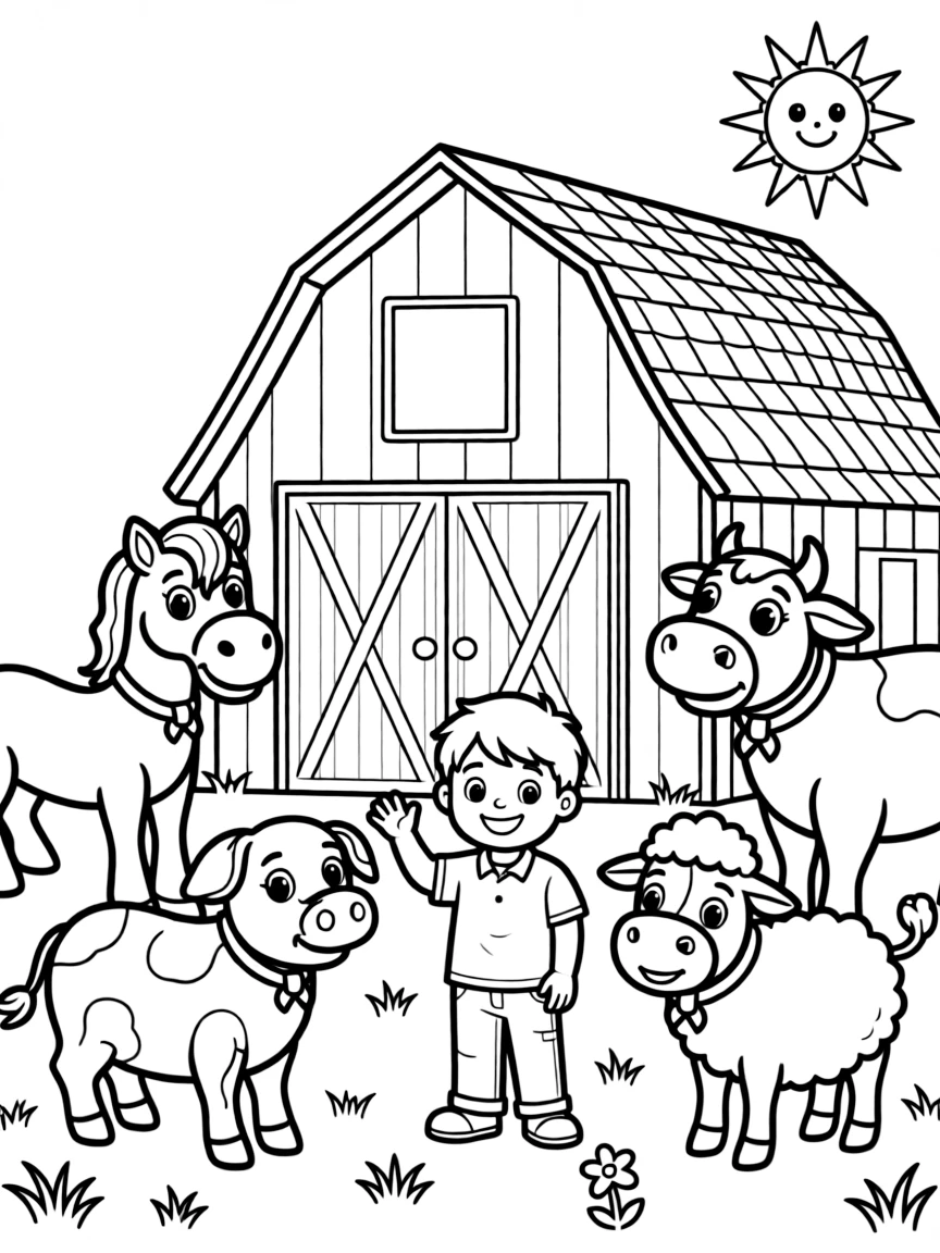 Smiling toy farm with barn and animal friends