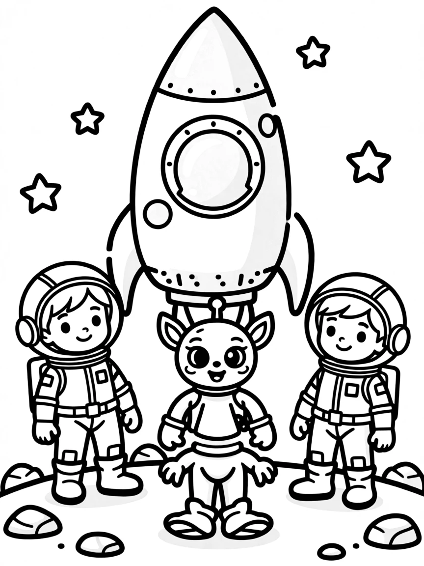 Cute toy rocket ship with space explorer friends