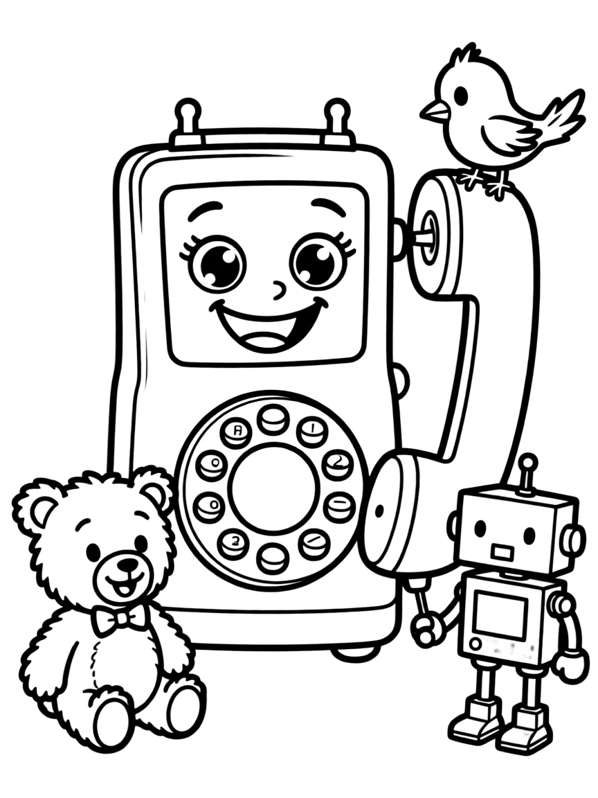 Smiling toy telephone with conversation friends