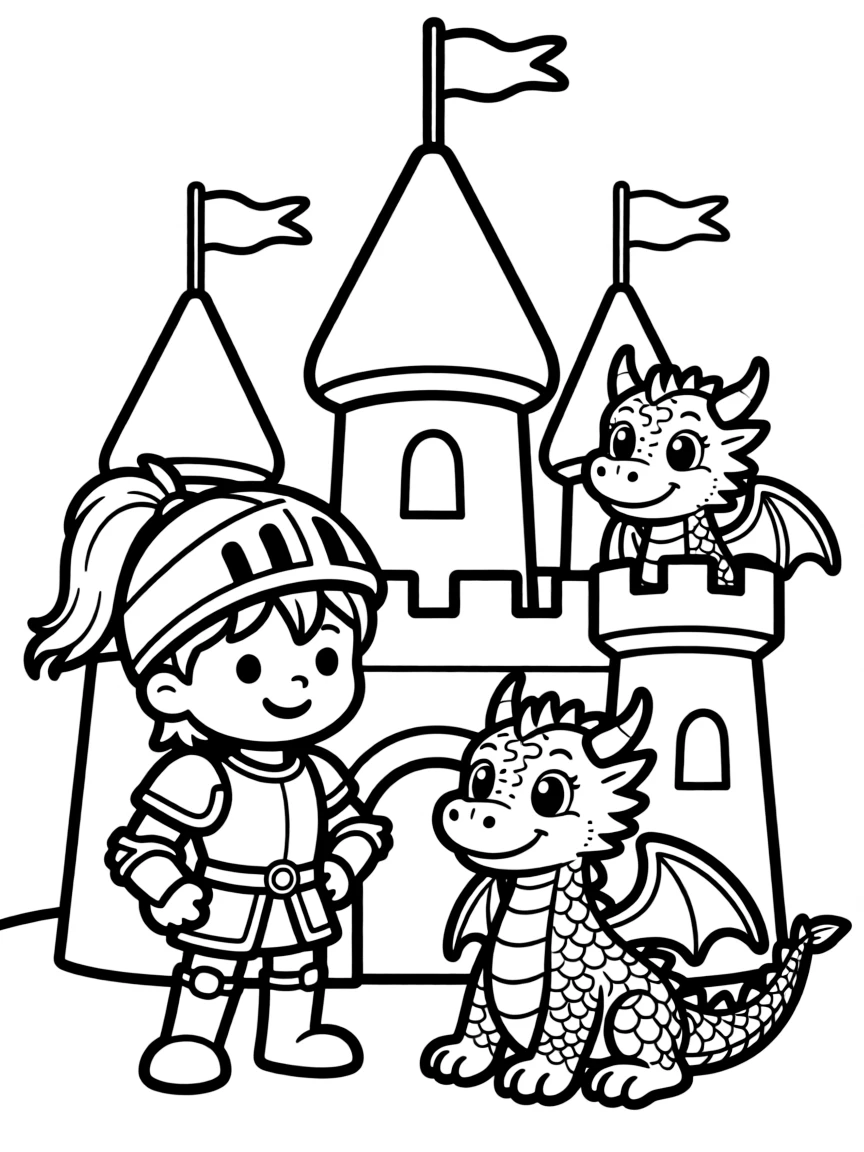 Cute toy castle with knight and dragon friends