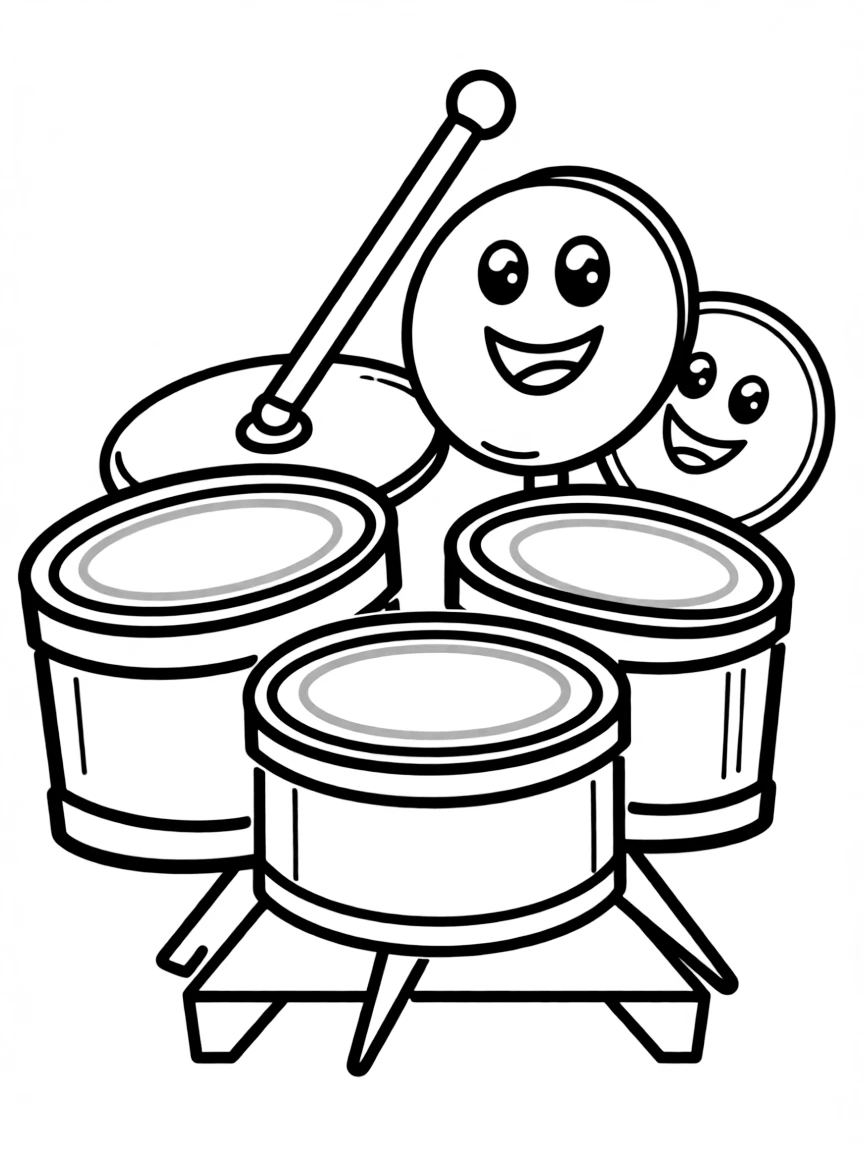 Smiling toy drum set with stick and cymbal friends