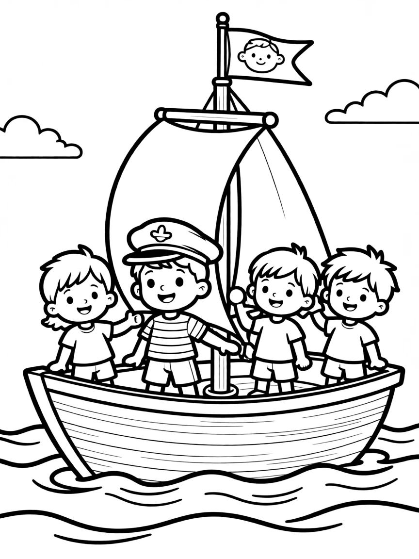 Happy toy sailing ship with captain and crew friends