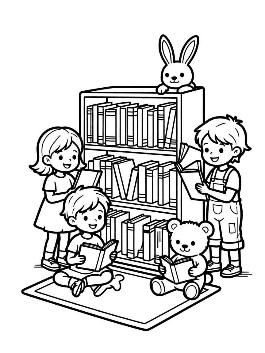 Cute toy library with book and reading friends