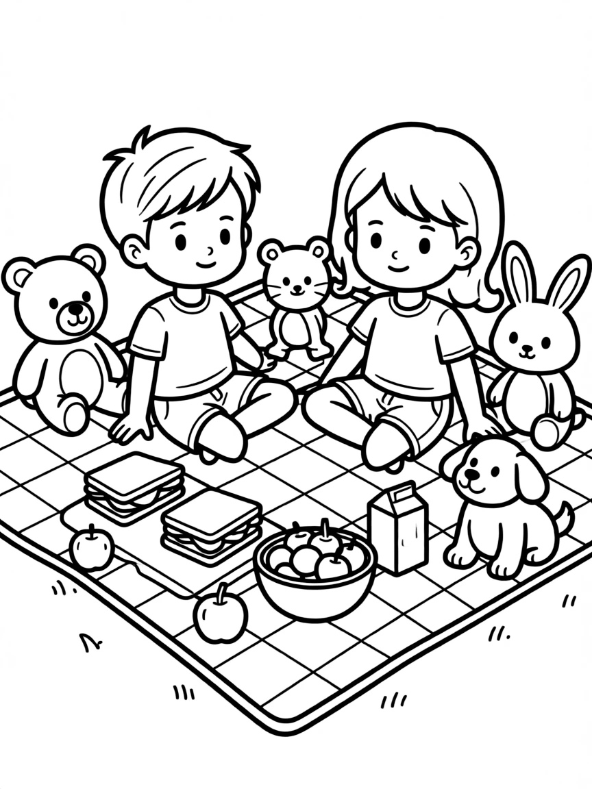 Happy toy picnic set with food and blanket friends