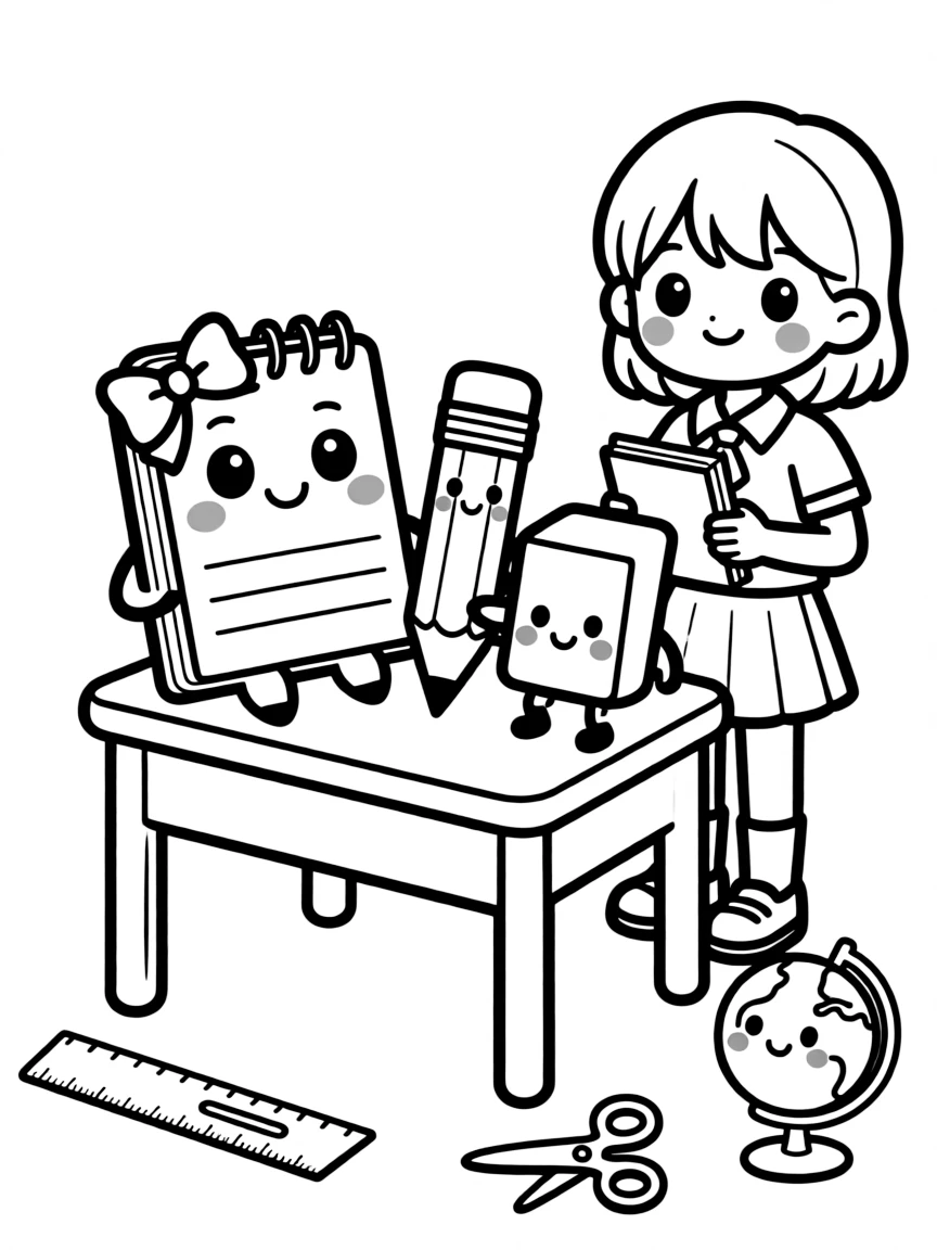 Kawaii toy school with desk and supply friends
