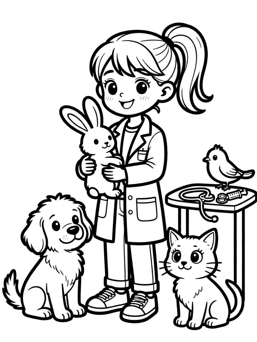 Adorable toy veterinarian with animal patient friends