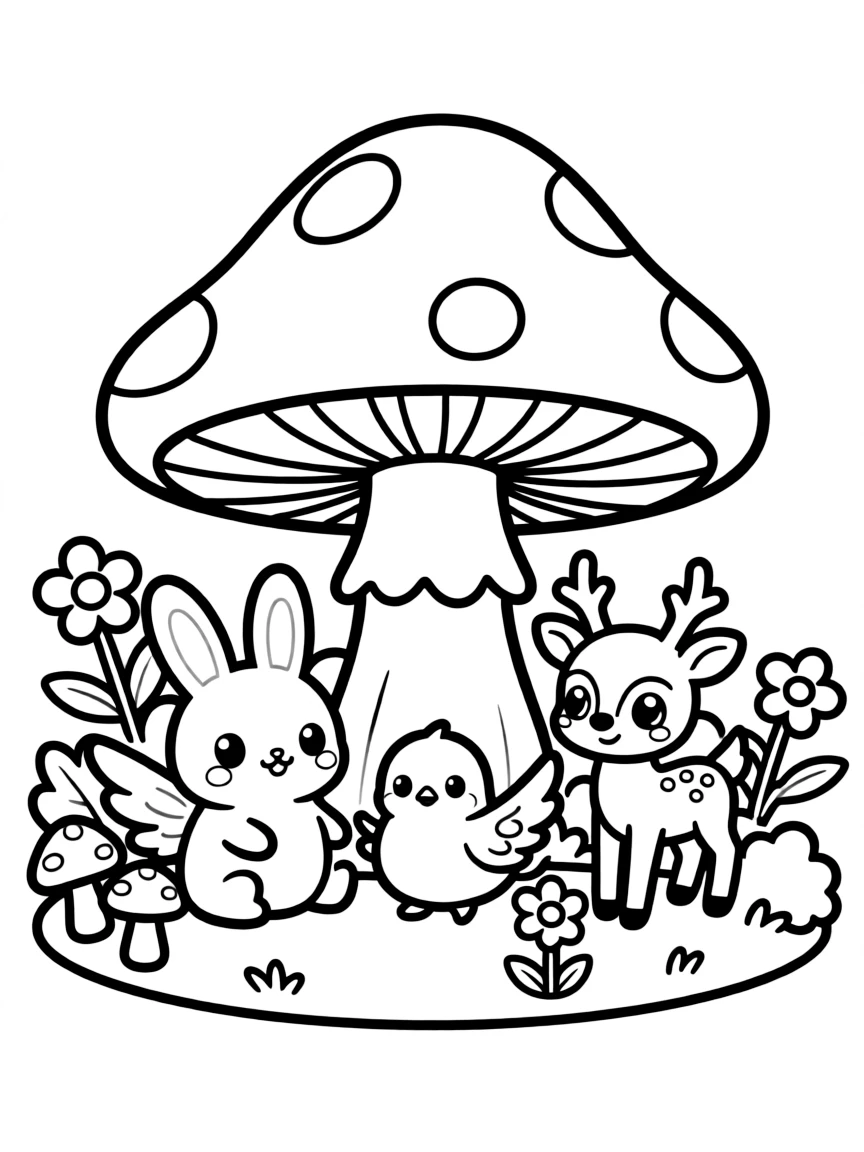Kawaii toy fairy garden with toadstool and creature friends