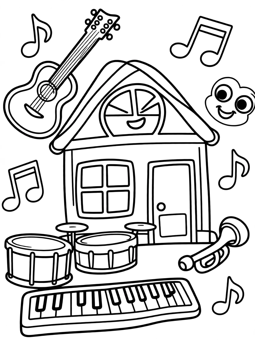 Smiling toy music studio with instrument and note friends
