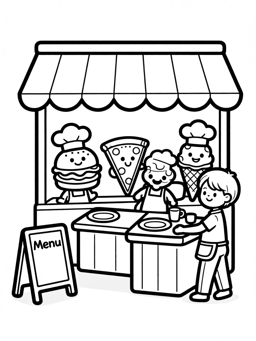 Cute toy restaurant with menu and food friends