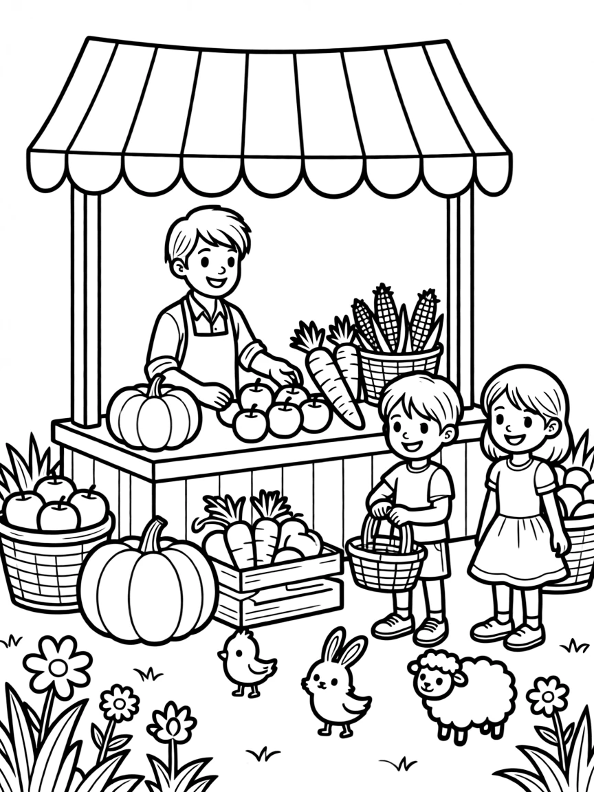 Happy toy farm market with produce and customer friends