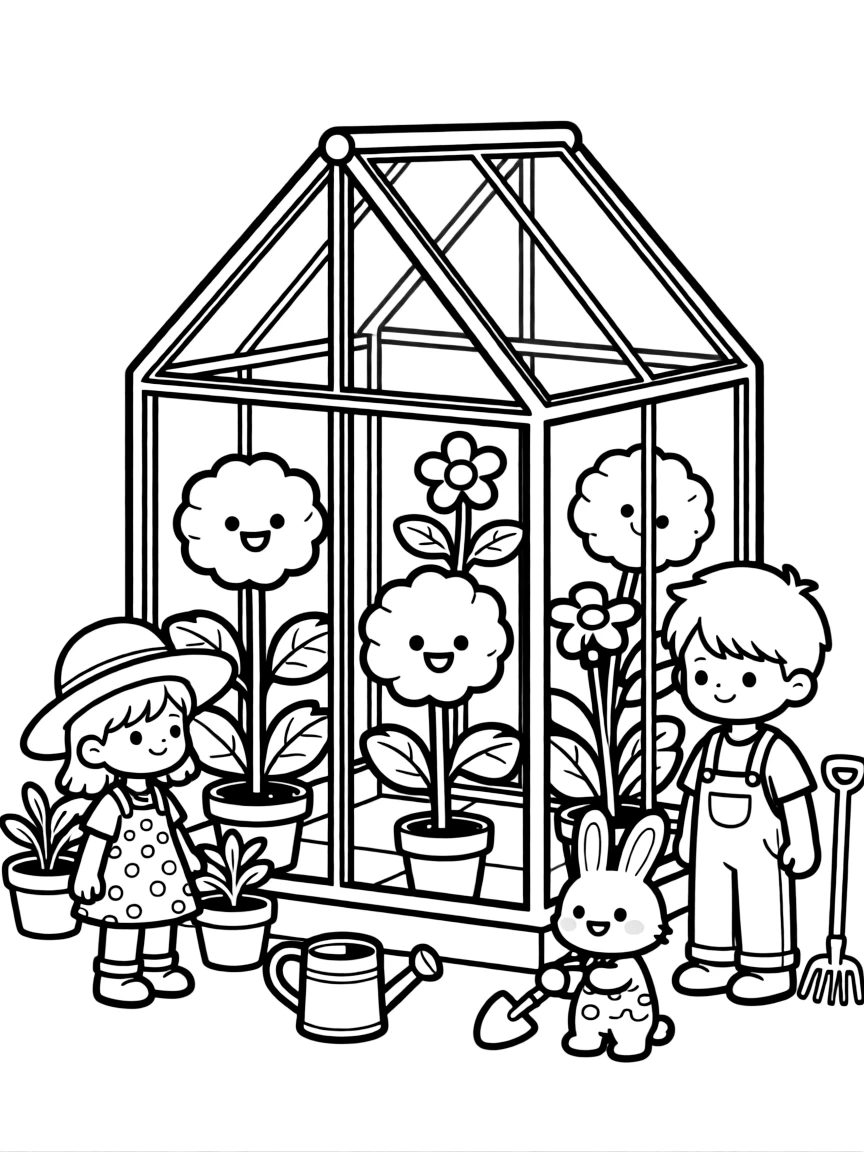 Kawaii toy greenhouse with plant and gardening friends