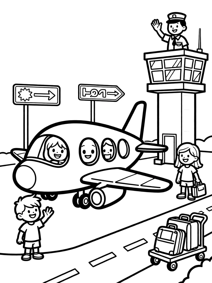 Happy toy airport with plane and passenger friends
