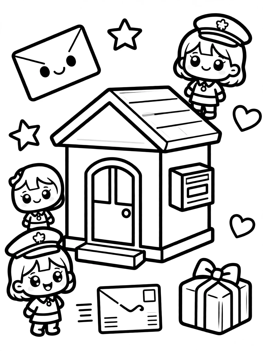 Kawaii toy post office with mail and package friends