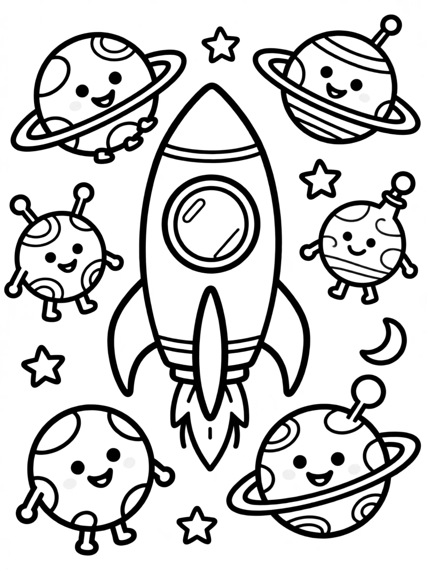 Happy toy space exploration with rocket and planet friends
