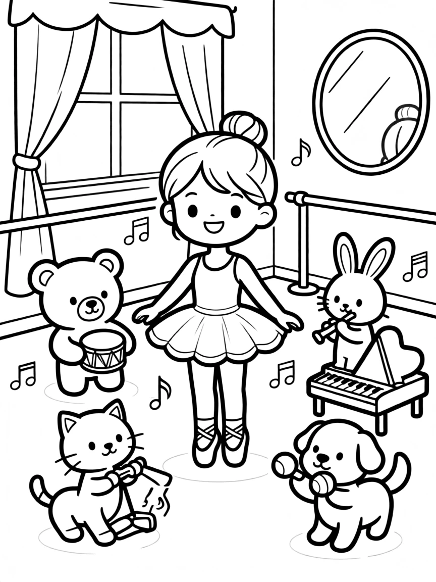 Kawaii toy ballet studio with dancer and music friends