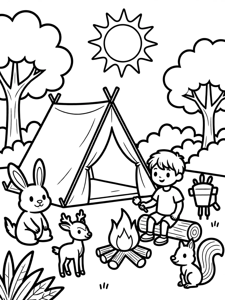 Happy toy camping trip with tent and nature friends