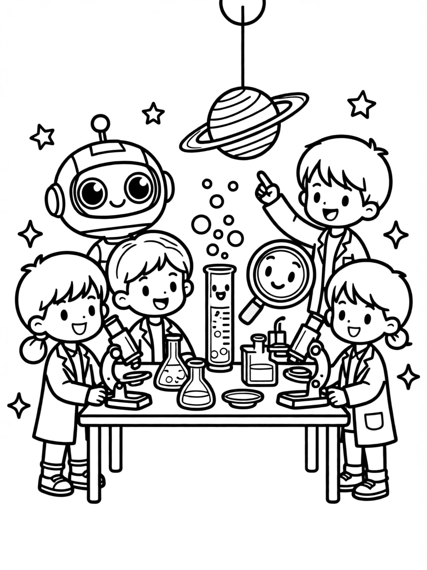 Kawaii toy science lab with experiment and discovery friends