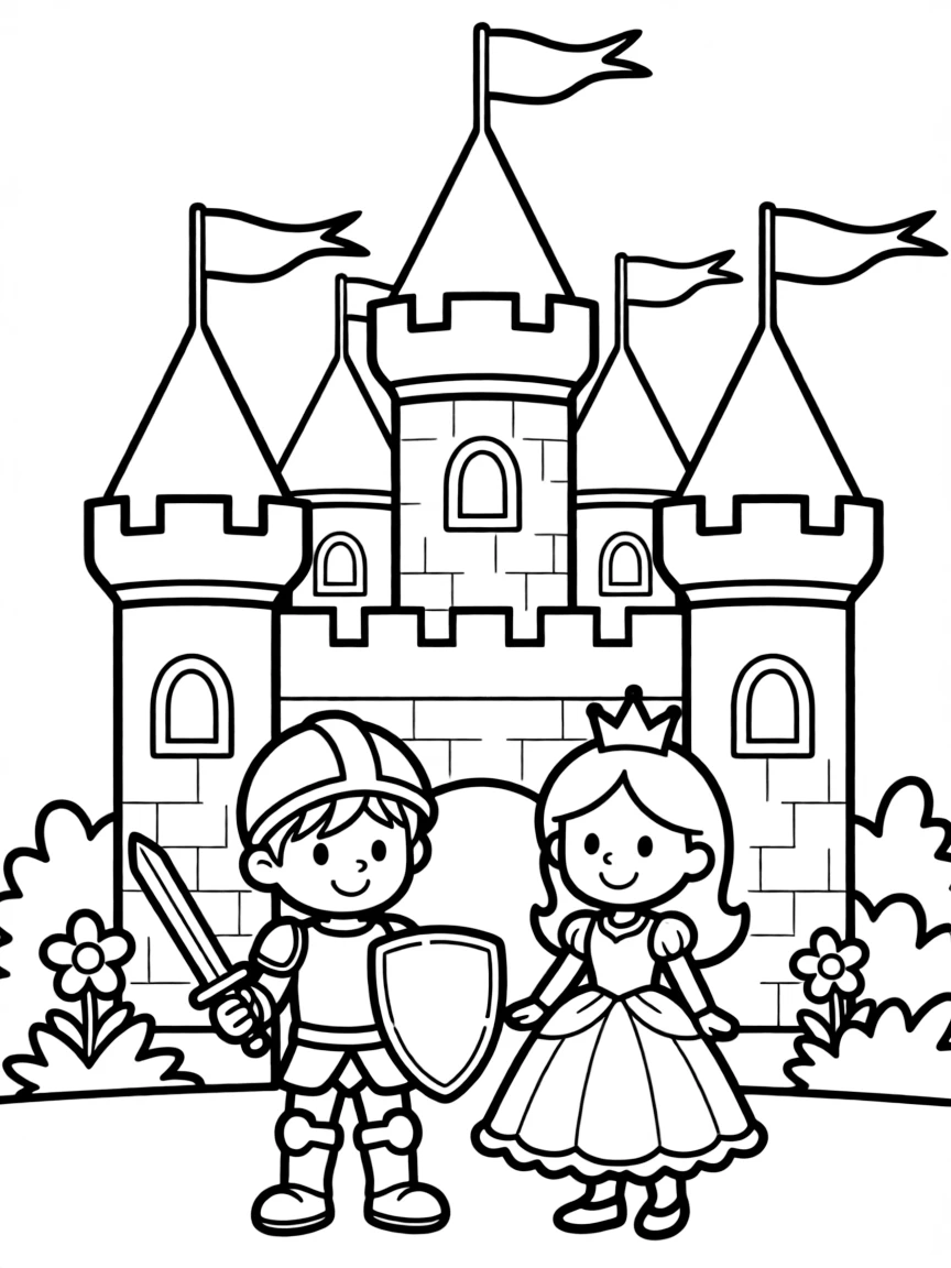 Cute toy castle with knight and princess friends