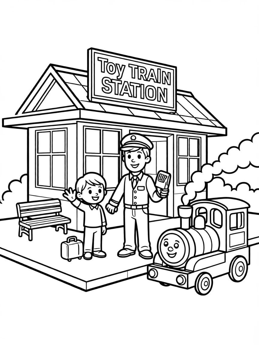 Smiling toy train station with passenger and conductor friends