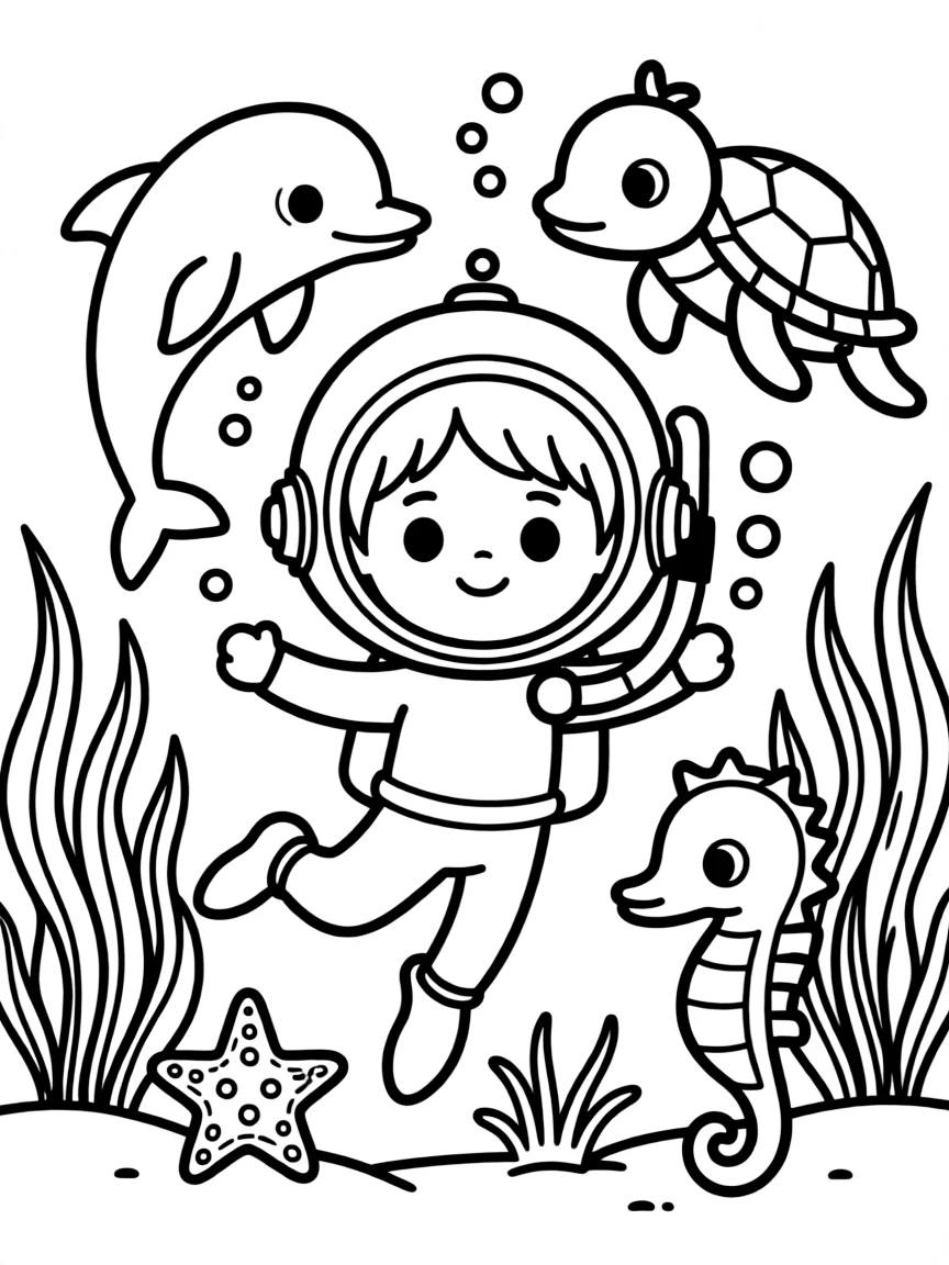 Cute toy underwater scene with diver and sea creature friends