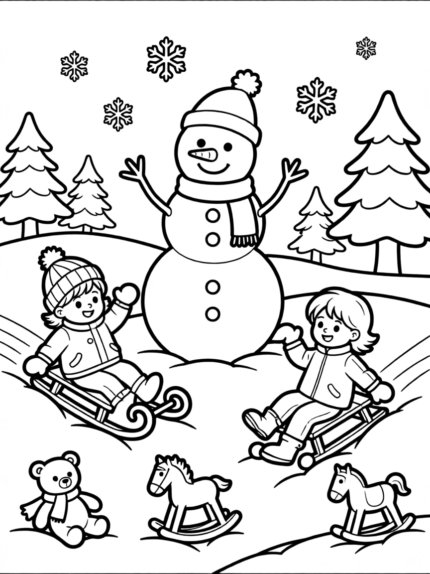 Happy toy winter wonderland with snowman and sledding friends