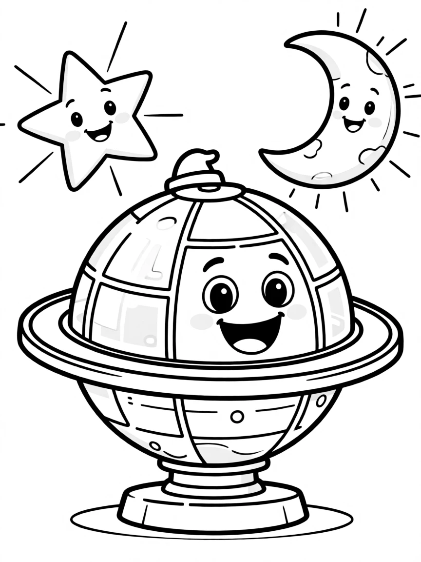 Smiling toy planetarium with star and moon friends