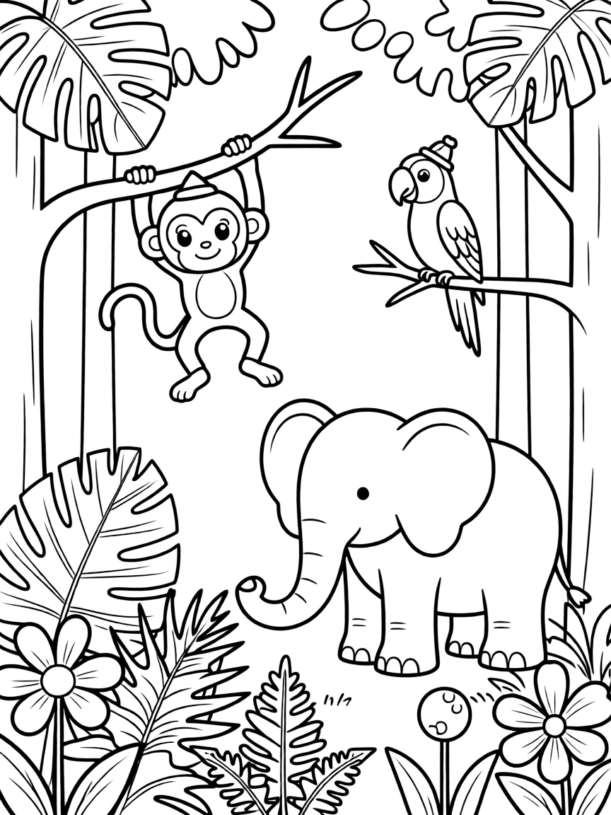 Cute toy rainforest with animal and plant friends