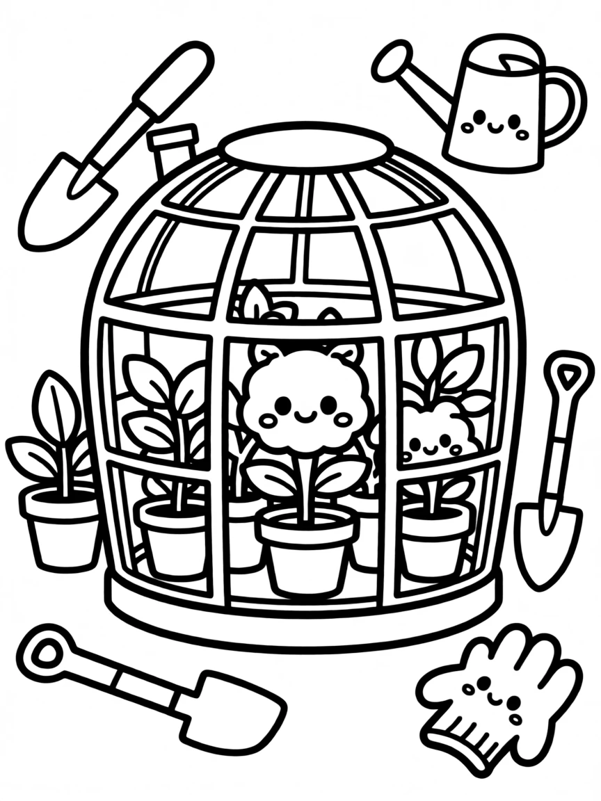Kawaii toy greenhouse with plant and garden tool friends