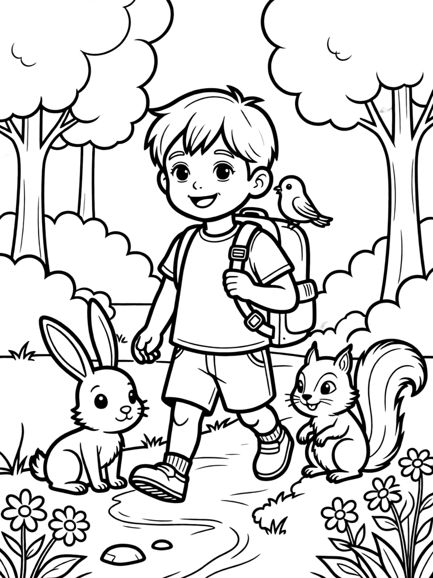Happy toy nature hike with backpack and wildlife friends