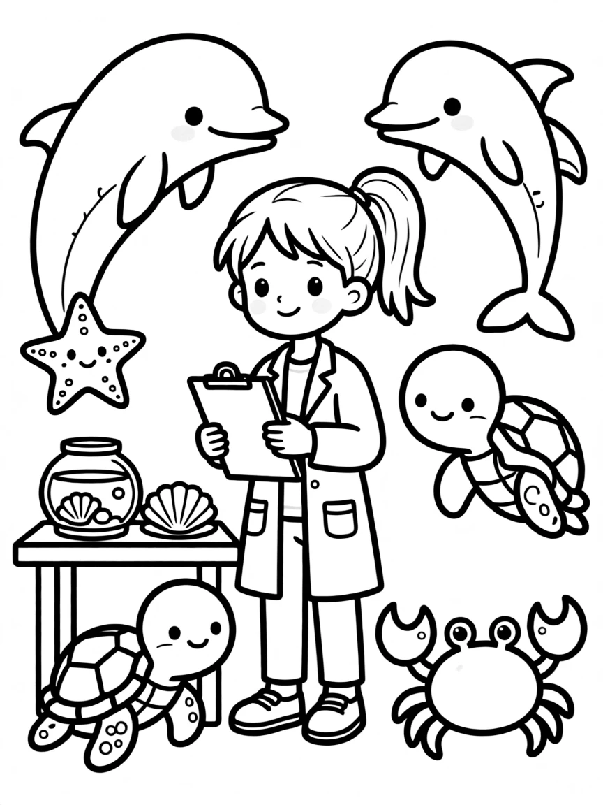 Adorable toy marine life center with sea creature and researcher friends