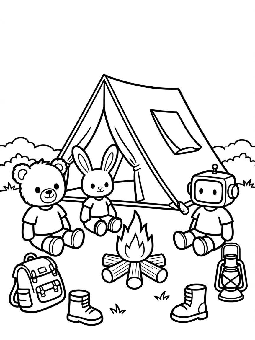 Happy toy camping trip with tent and campfire friends