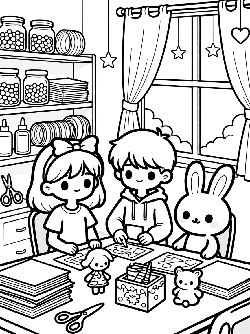Kawaii toy craft studio with supplies and project friends