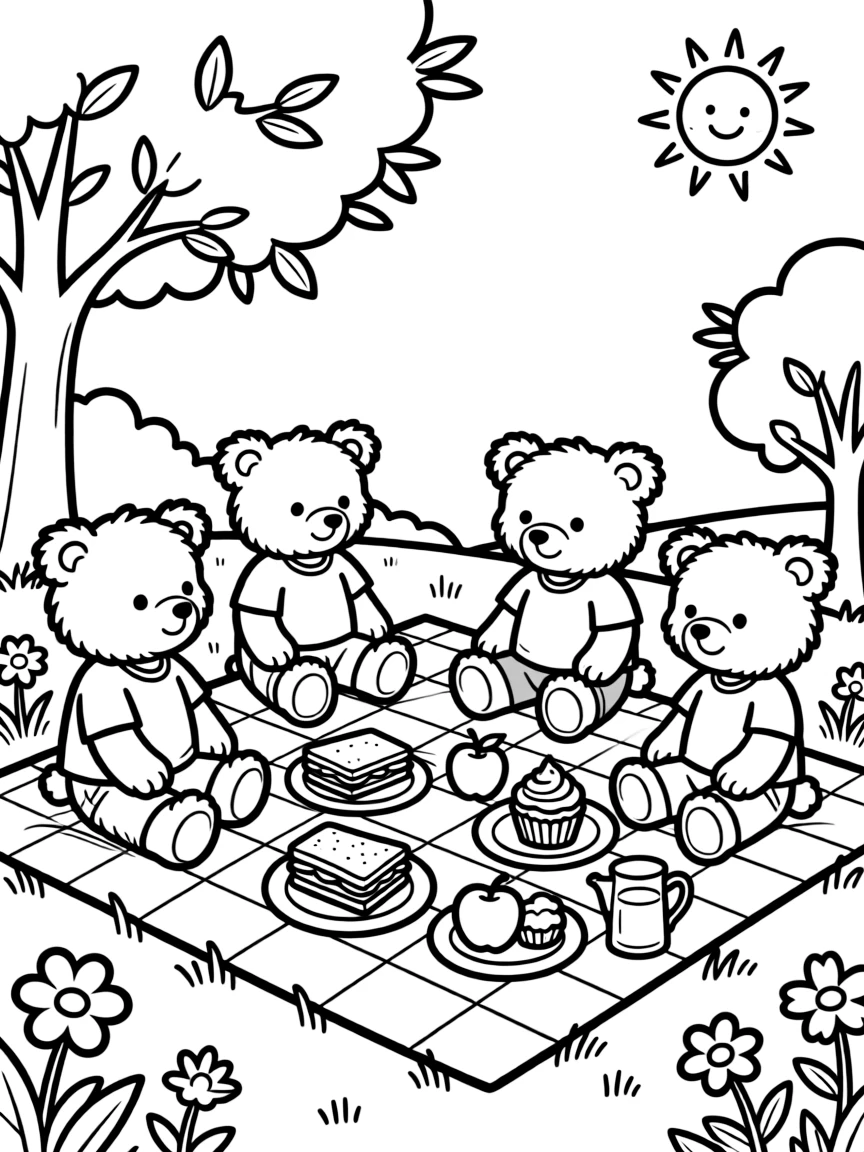 Cute toy teddy bear picnic with food and bear friends