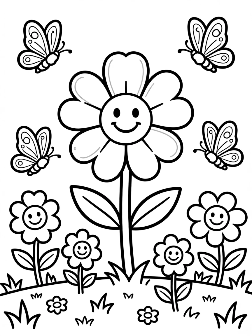 Smiling toy spring garden with flower and butterfly friends