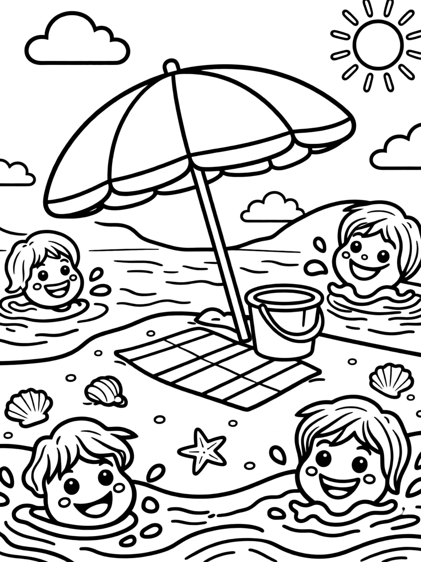 Cute toy summer beach with umbrella and wave friends